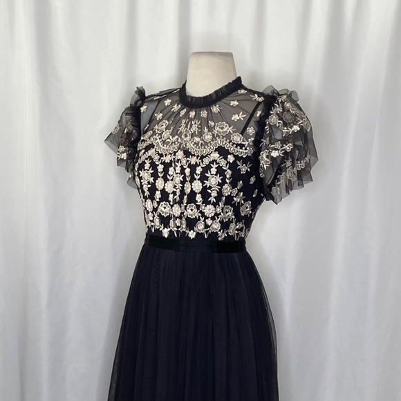 NWT!! NEEDLE & THREAD Embroidered Tulle Dress Graphite Black Ivory Floral Size 6 - Picture 8 of 16